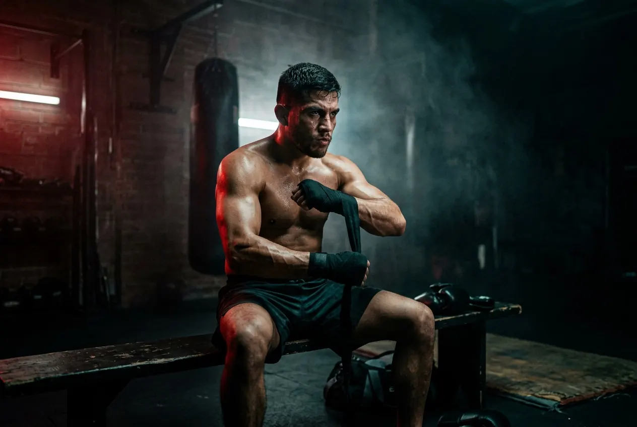 Fighter in his late 20s wrapping his forearms